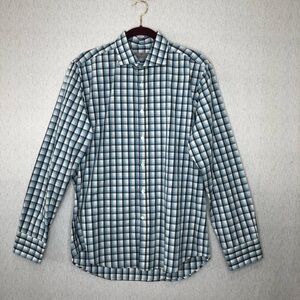 Canali 1934 Men's Dress Shirt L Button Up Long Sleeve Checkered Plaid Blue Gray